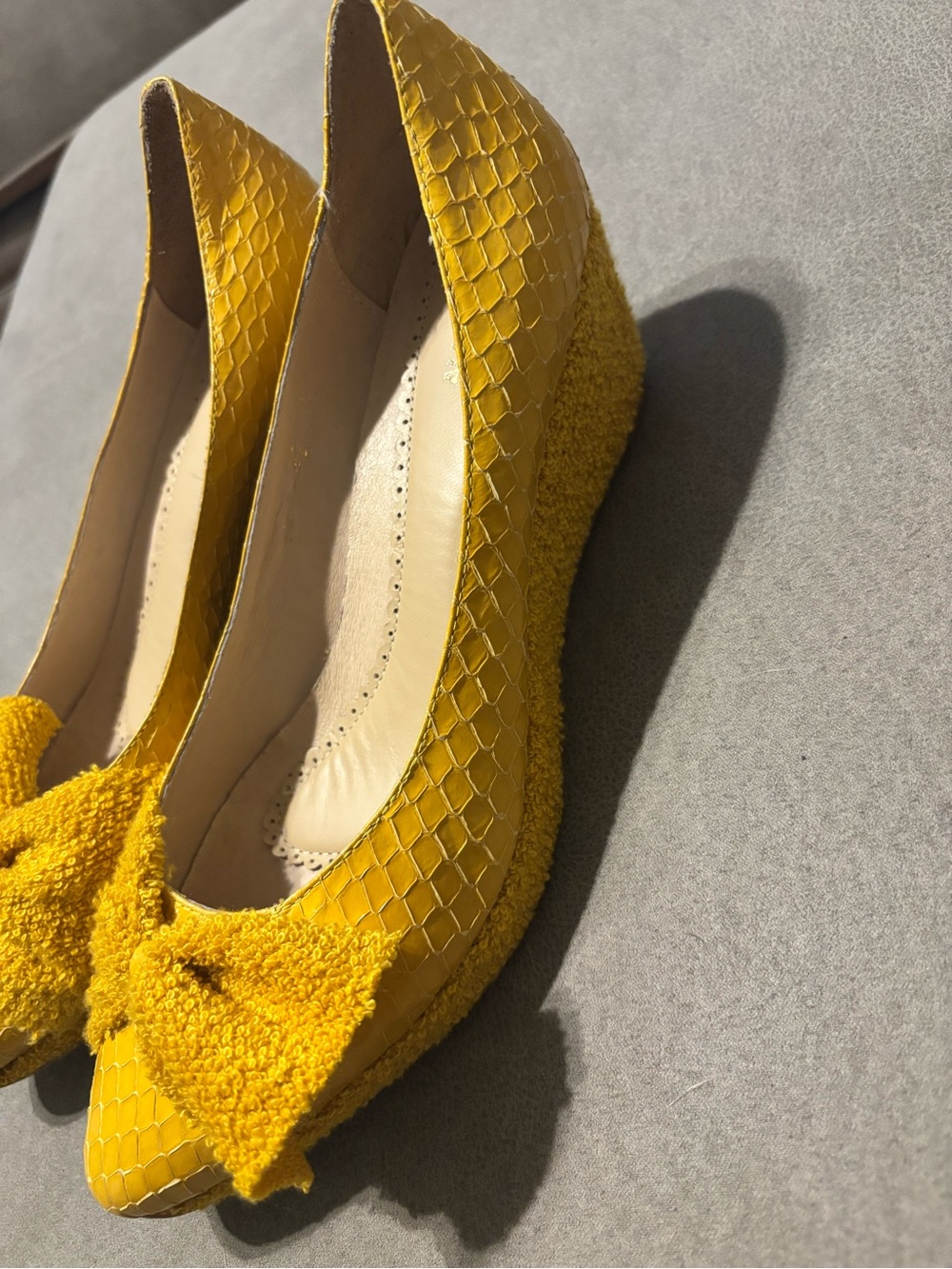 Textured Yellow Wedge Pumps with Bow Detail - Women's Dress Wedges
